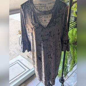 Billy T Taupe Crushed Velvet V-Neck Dress with Bell Sleeves